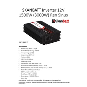 SKANBATT Inverter 12V 1500W Ren Sinus m/Fj.kontroll